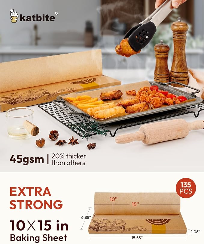 katbite 135Pcs 45 gsm Pop-Up Parchment Paper Sheets, Heavy Duty & Non-stick,10x15 In Pre-cut Unbleached Parchment Paper for Baking, Pop-Up Paper Dispenser for Cooking Wrapping Space-saving | Precut, Extra Strong, Heavy Duty and Non-stick Parchment Shee...