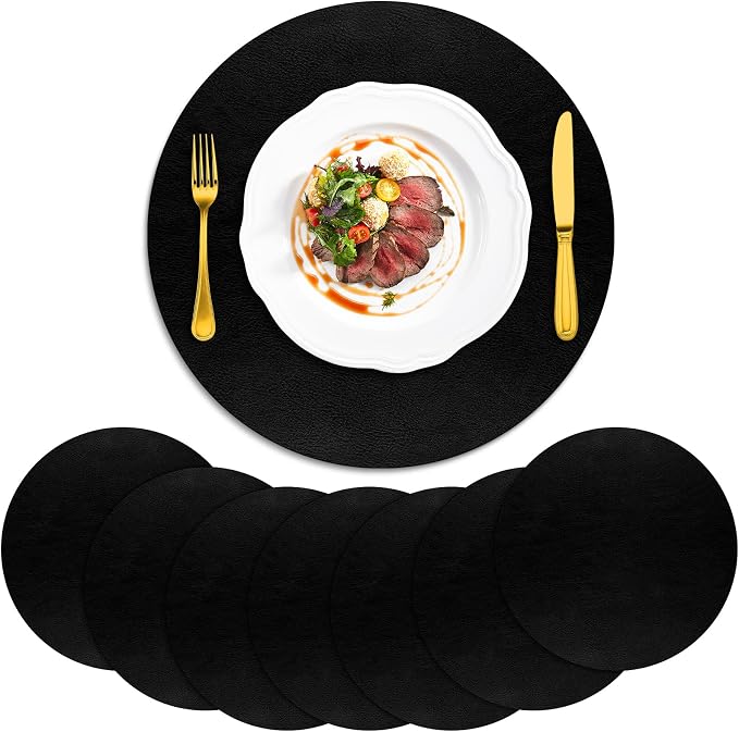 ADRIMER Placemats, Heat Resistant Round Placemats Set of 8 Washable, Waterproof Table Mats, Wipeable Faux Leather Place Mats for Kitchen, Dining Room, Black