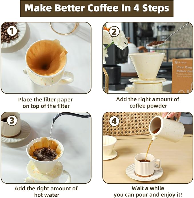 DIF DECO Pour Over Coffee Maker Set,Ceramic Pour Over Coffee Dripper Set with 20 Count Paper Coffee Filters,for Home Café Restaurant Camping,15.8 Ounces(Multi-Color Dot)