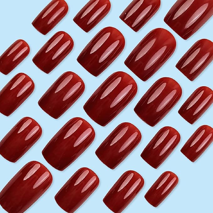 Fall Press on Nails Medium Square Fake Nails with Full Cover Glossy Designs Nails Press ons Red Acrylic Nails Simple Stick on Nails for Women 24 Pcs