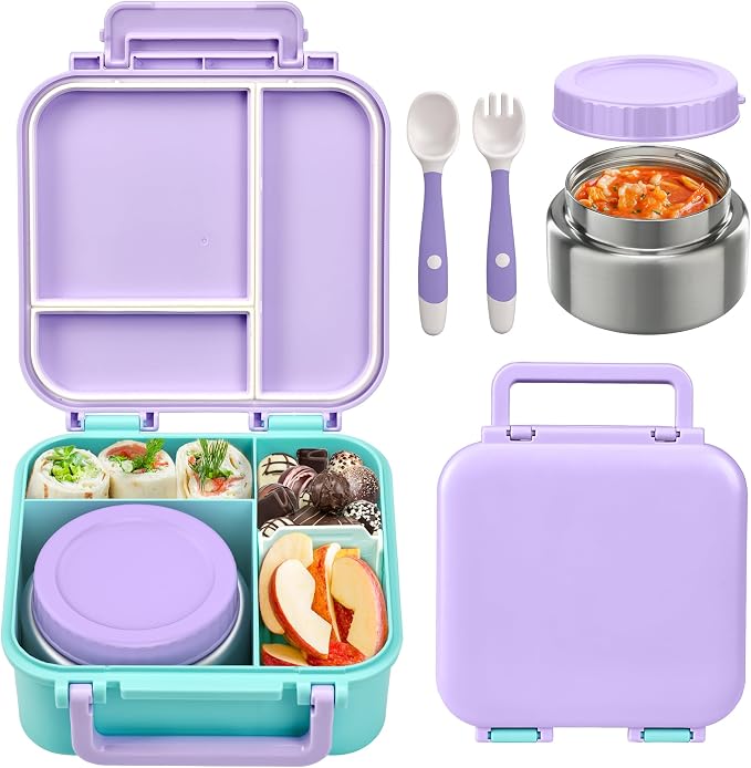 Kids Bento Lunch Box with Soup Thermo (9oz)– Hot & Cold Lunch Container with Leak Proof Insulated Food Jar for School Girls Boys, Ideal Size for Ages 3 to 7, Purple/Blue