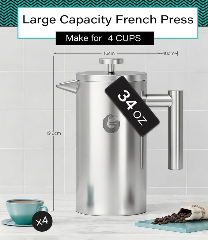 Coffee Gator French Press Coffee Maker 34 oz, Non-Toxic 100% Plastic Free, Double Wall, 4-Layer Filter, Cold Brew Cafetera Tea Pot for Kitchen Travel Camping, Gifts, Decor, Bar Accessories, Silver