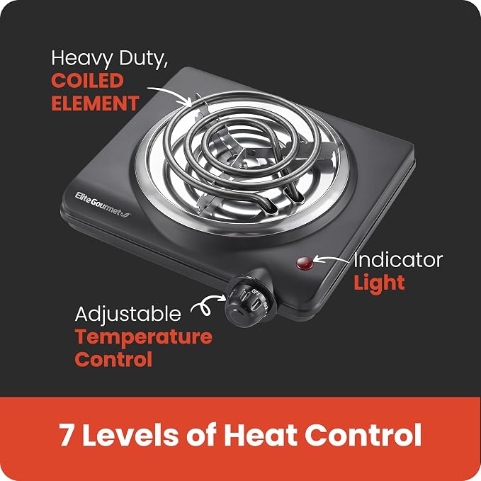 Elite Gourmet ESB100B Single Coiled Burner Hot Plate, Countertop, Black | Adjustable temperature control with indicator light, easy-to-clean design for quick, reliable electric cooking
