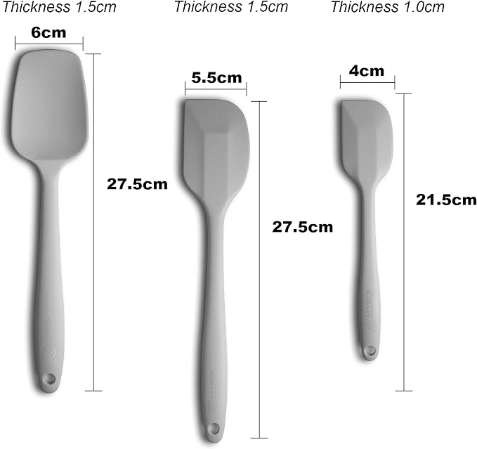3-Piece Silicone Spatula Set, 600°F Heat Resistant, Light Grey | Stainless Steel Core, Silicone Rubber Spatulas for Nonstick Pans, Spatula, Spoonula and Mini Spatula for Cooking and Baking