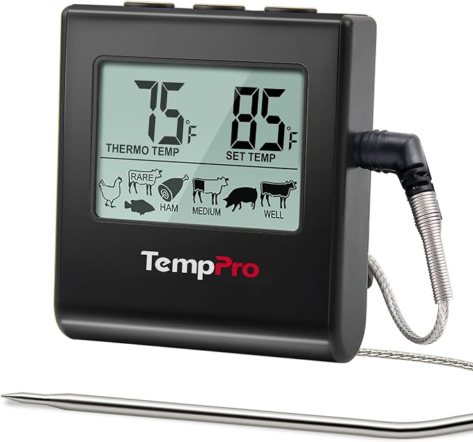 TempPro TempTrack Large LCD Digital Meat Thermometer for Cooking, Smoking | Kitchen Food Probe Thermometer With Clock Timer, Stainless Steel Temperature Probe for Oven Smoker BBQ Grill Candy, Black