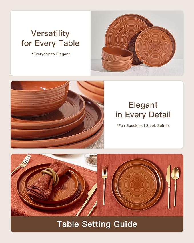 Dinnerware Set for 6, Ceramic Plates and Bowls, Terracotta | 18-Piece Ceramic Speckled Spiral Dishes, Chip & Scratch Resistant, Microwave & Dishwasher Safe, Everyday Use, Farmhouse Style