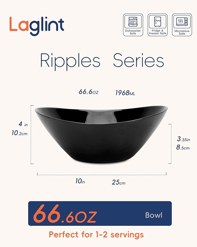 66 OZ Salad Bowl Set of 2, 10 Inch Black Opal Glass Oval | Ultra-thin lightweight serving dish with microwave & dishwasher safe design, perfect for salad, fruit and kitchen use
