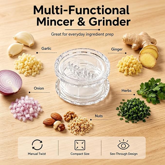 2PCS Clear Manual Garlic Twister Multi-Functional Ginger Mincer Tool, Manual Garlic Twister and Mincer, Garlic Crusher, Garlic Grinder, Compact Garlic Mincer Tool, Ginger, Herbs (White-2PC)