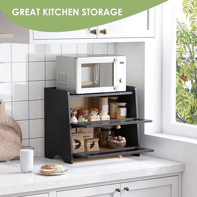 Double Layer Bread Box Container for Kitchen Countertop Homemade Bread | Large Breadbox Storage Wooden Farmhouse Bread Holder (Black, Large-16.54" L x 9.84" W x 14.96" H)
