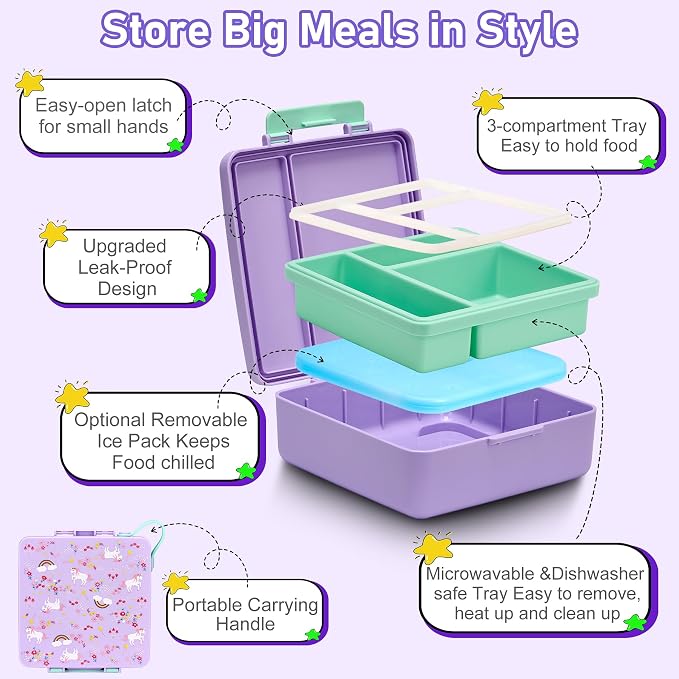 Bento Lunch Box for Kids with 17oz Soup Thermo,Insulated Tumbler Water Bottle and Insulated Lunch Bag,Leak-Proof 3 Compartment Lunch Food Container with Ice Pack for Kids to School-Horse