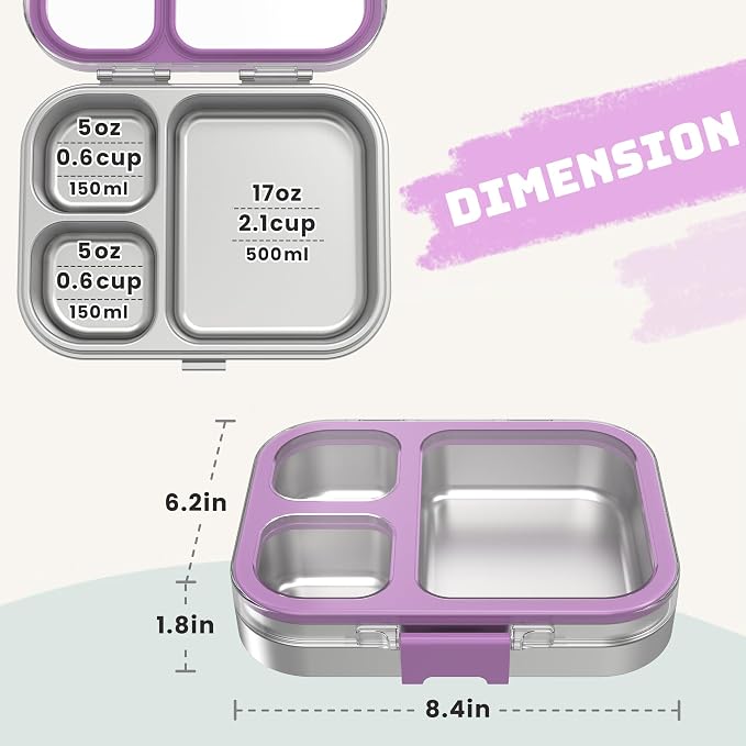 LOHASOK Stainless Steel Bento Lunch Box, 800ml,Purple | 3-Compartment, Leak Proof, Lightweight, Clear Plastic Lid, for Kids Adults, BPA/BPS Free, Dishwasher Safe