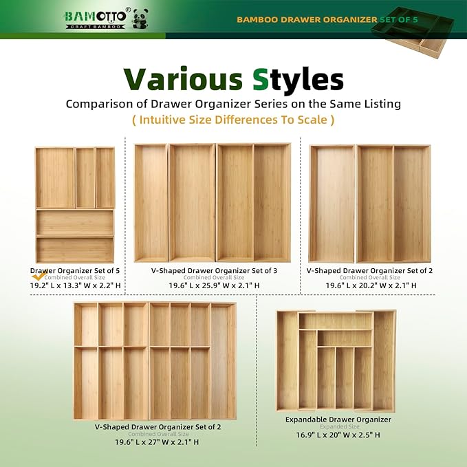 BAMOTTO CRAFTBAMBOO Stackable Bamboo Drawer Organizer Set of 5 for Kitchen | Utensil Cutlery Tray | Flatware & Silverware Organizer | Office & Bathroom | 13.4"×4.5"(×2) / 10.2"×3.3"(×2) / 10.2"×6.7"