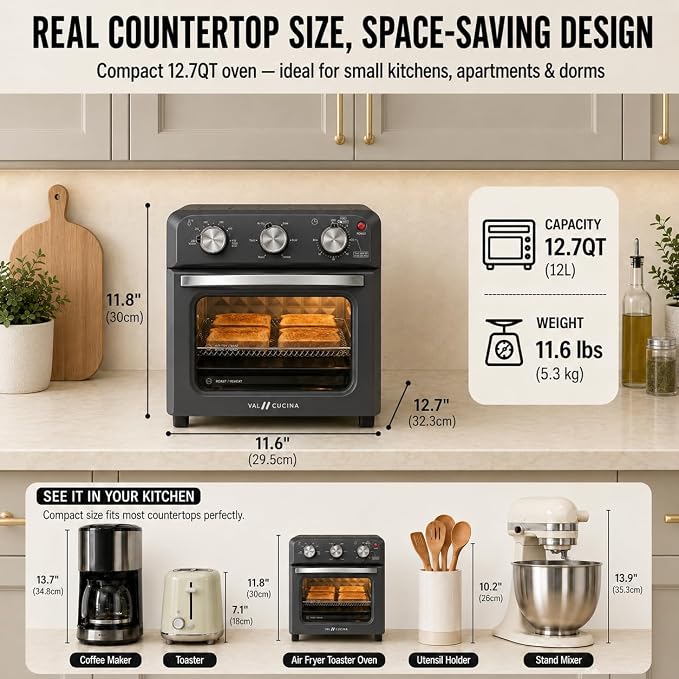 VAL CUCINA 6-in-1 Retro Air Fryer Toaster Oven Combo, Compact 12.7 QT Small Countertop Convection Oven, Fits 9" Pizza & 4 Toast, Hexagon Hybrid Heating, Enamel Baking Pan Included, Dark Grey Color