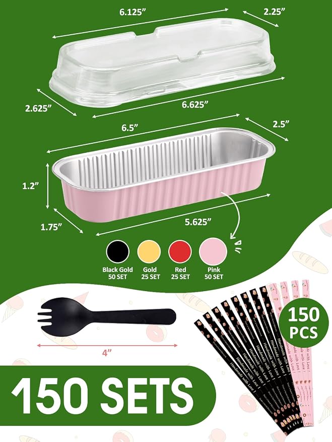 NEEBAKE 150 Pack 6.8 oz Disposable Mini Loaf Pans with Lids and Spoons - 6.5x2.5x1.2 Mixed Color Aluminum Loaf Pans, Small Aluminum Tin Foil Baking Pan, Food Containers for Baking, Cakes, Bread