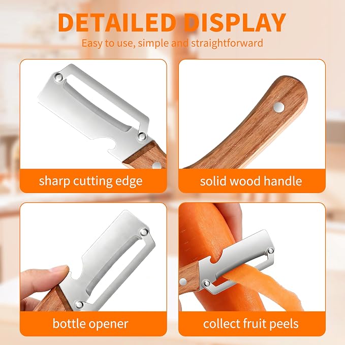 Vegetable Peeler for Kitchen, Stainless Steel Blade with Wooden Handle | 2-in-1 MultiFunctional Fruit Vegetable Peeler, Sharp Wide Blade, Anti-Slip, Bottle Opener, for Potato Apple Pumpkin Prep