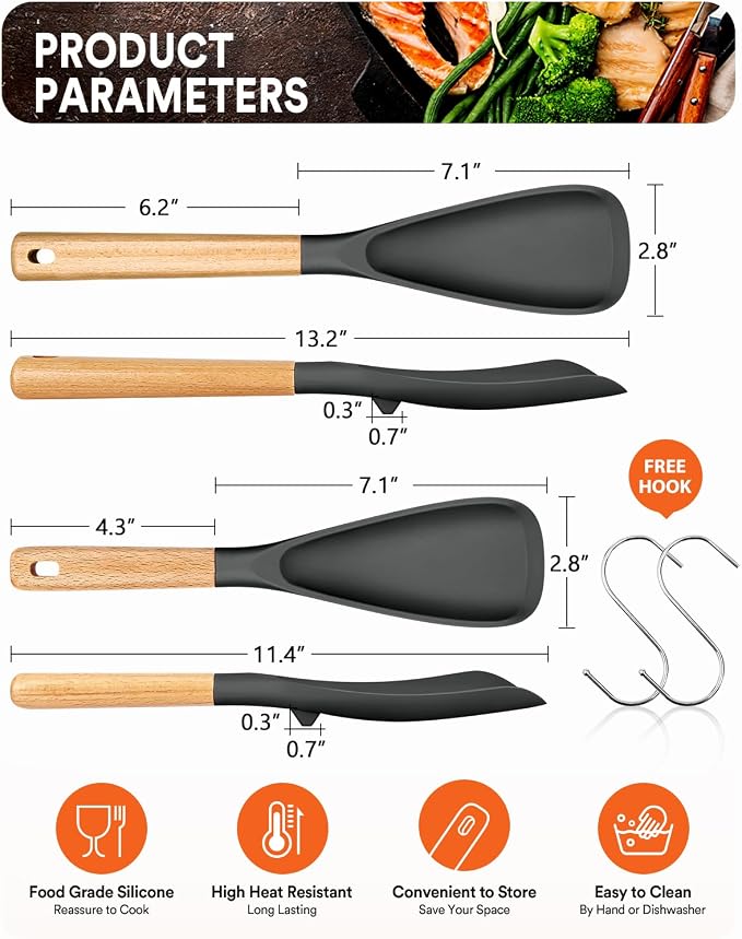 Multifunction Cooking Spoons for Nonstick Cookware,11.4"&13.4",Grey | Great for Cooking and Serving, Sturdy BPA-Free Matte Silicone, Wood Handle spoonula for Mixing, Scoop, and Scrape