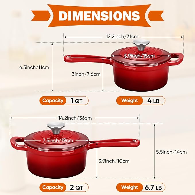 Homikit 1 QT & 2 QT Saucepan Set, Enameled Cast Iron Saucepan with Lid for All Cooktops, Small Pot Mini Dutch Oven for Kitchen Cooking, Boiling, Nonstick & Heavy Duty, Red