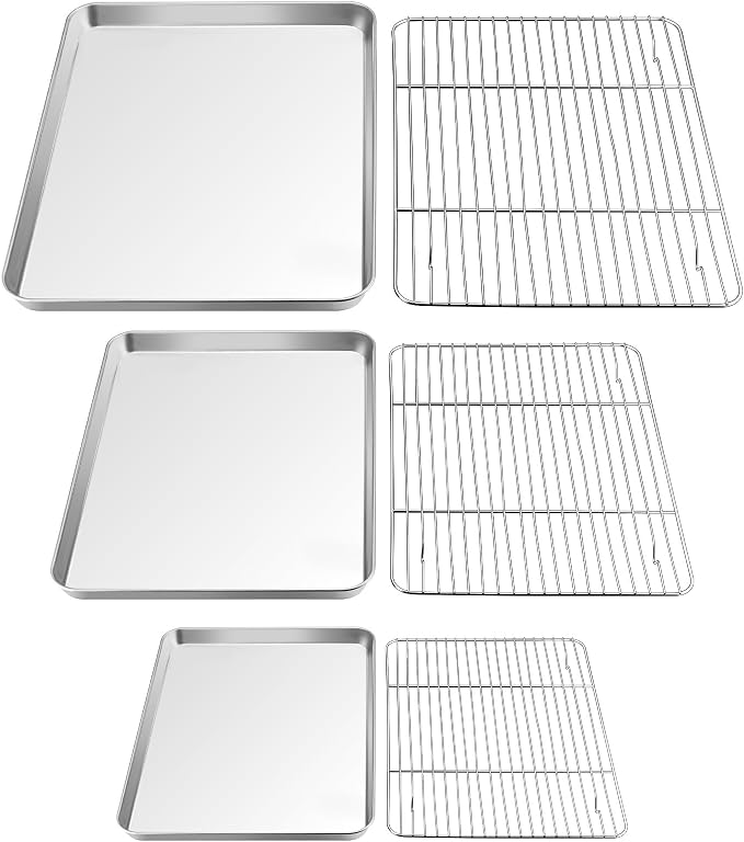 TeamFar Baking Sheet with Rack Set, 3 Pans + 3 Racks, 16/12.5/9 Inch | Stainless Steel Cookie Sheets Baking Pans Trays and Cooling Racks for Cooking, Non-Toxic & Heavy Duty, Dishwasher Safe