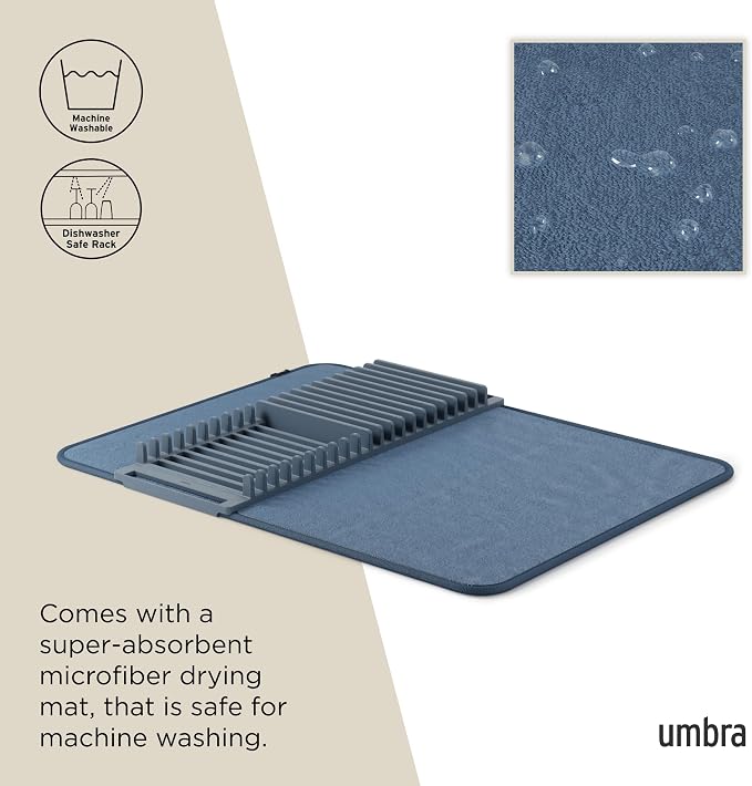 Umbra Udry Dish Rack and Microfiber Drying Mat – Space-Saving Design Folds Up for Easy Storage, Basic Rack, Slate Blue | Protects countertop, BPA-free, recycled plastic construction