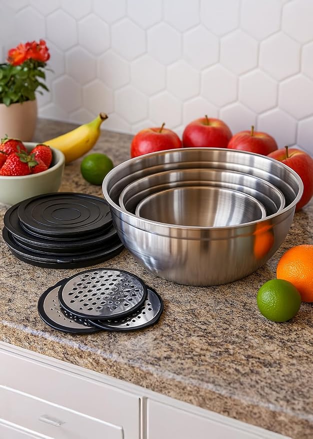 serenk Stainless Steel 9-piece Mixing Bowl Set with Airtight Lids, Nesting Bowls with 2 Graters, Non-slip Silicone Base, Dishwasher Safe, Size 1.42, 2.85, 4.86 QT for Food Storage, Black