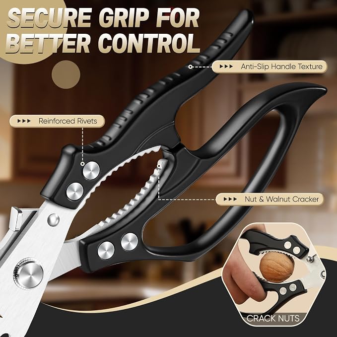 Huusk Kitchen Scissors All Purpose, Multifunction Poultry Shears Heavy Duty | Japanese SK5 Steel Kitchen Shears for Meat, Fish, Chicken Bones, Turkey, Ergonomic Non-Slip Black Handle, Gifts for Women