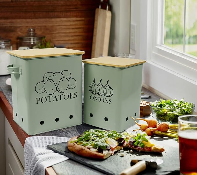 Kitchen Vegetable Storage Tins Set of 2, Onion and Potato Storage Bins with Wooden Lid and Aerating Holes, Garlic Bin Caddy, Vintage Kitchen Decor, Green