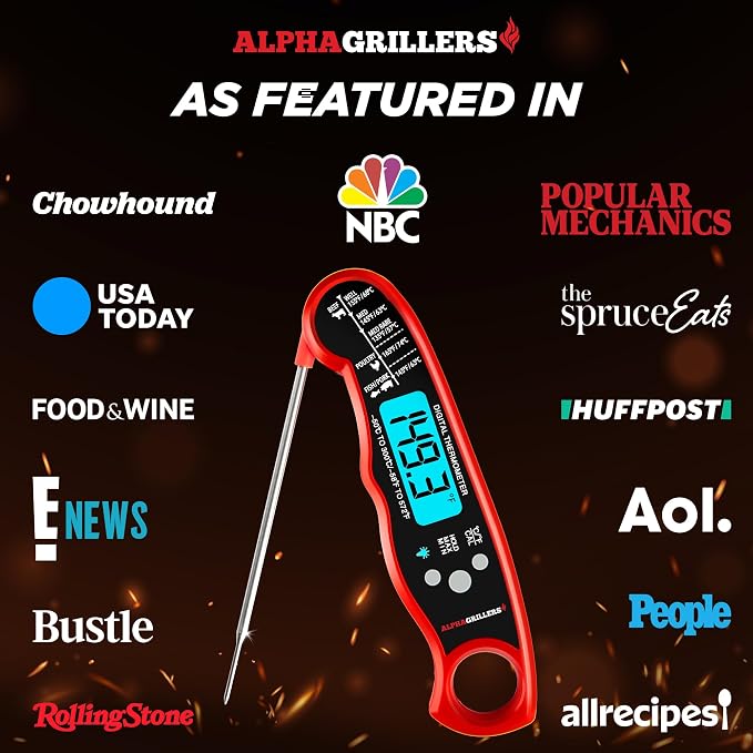 Alpha Grillers Instant Read Meat Thermometer Digital, Cooking, Food, Grill | 1-2 Second Ultra-Fast Response Time, Bright Backlit Display, Waterproof (IP67), Pre-Calibrated & Ready to Use