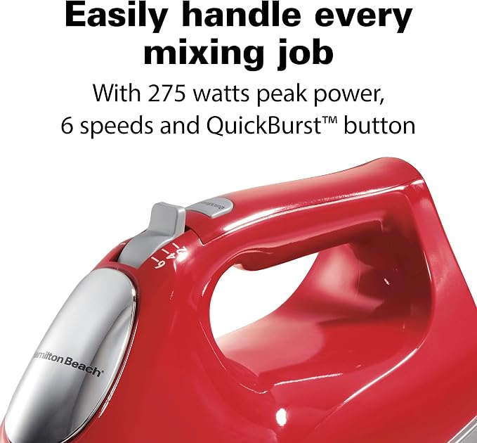 Hamilton Beach 6-Speed Electric Hand Mixer With QuickBurst and Bowl Rest | 275 Watt Motor | Traditional Beaters | Whisk | Dough Hooks | Snap-On Storage Case | Red | 62633G
