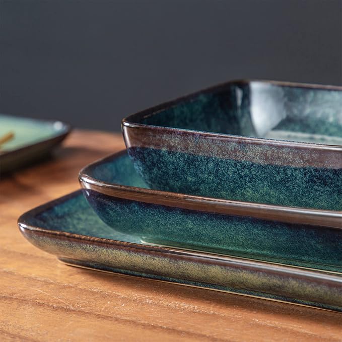 vancasso Stern Dinnerware Sets for 4, 16 Piece Stoneware Plates and Bowls Set, Square Reactive Glaze Ceramic Dish Set with Dinner Plates, Salad Plates, Cereal Bowls and Pasta Bowls, Green