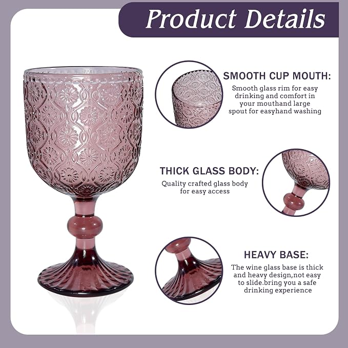 Purple pink Wine Glasses set of 6, 14 oz Purple pink Goblets Glassware (not painted or coated), Colored Vintage Glassware for Weddings, Parties, Restaurants, Bars, Cafeterias, Dishwasher Safe