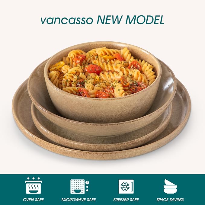 vancasso ANYA 24 Pieces Plates and Bowls Set, Caramel Dinnerware Sets, Reactive Glaze Dishes Set for 6, Ceramic Dishware Sets Kitchen Dinner Set, Microwave & Dishwasher Safe