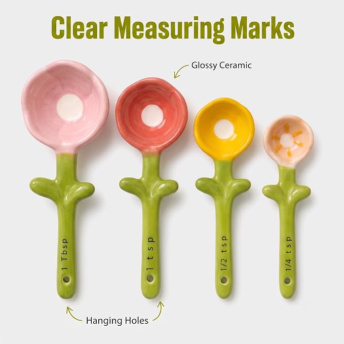Cute Flower Ceramic Measuring Spoons Set with Base, Kitchen Decorate Gifts | Small Flower Pot Measuring Spoons and Cups with Holder, Home Baking Gifts Pink