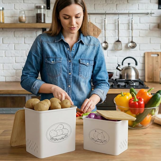 Lifewit Plastic Potato and Onion Storage Bin Box, Set of 2, White | Stackable Garlic Keeper, Vegetable Container Box, Aerating Holes & Lid for Pantry Countertop