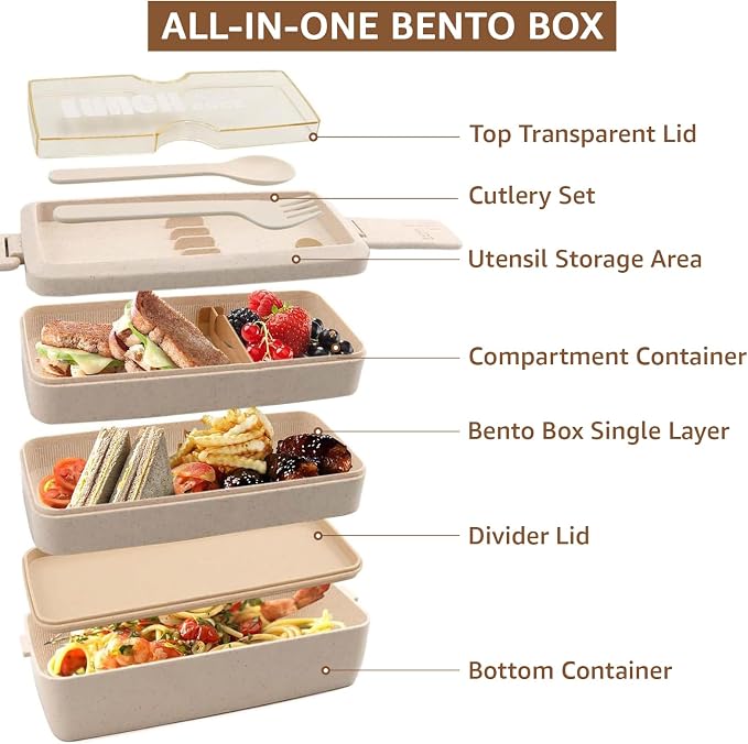 35Pcs Bento Box Japanese Lunch Box Kit Leakproof Bento Lunch Box for Kid Adult Wheat Straw 3 Layer Stackable Lunch Container w Compartment Eco-Friendly Meal Prep for Prepy Girl Boy Women (Beige)