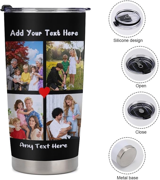 Personalized Tumbler Custom Vacuum Insulated Travel Mug Customizable Coffee Cup with Your Photos and Text Christmas Birthday Gift (4 Photos+Text)