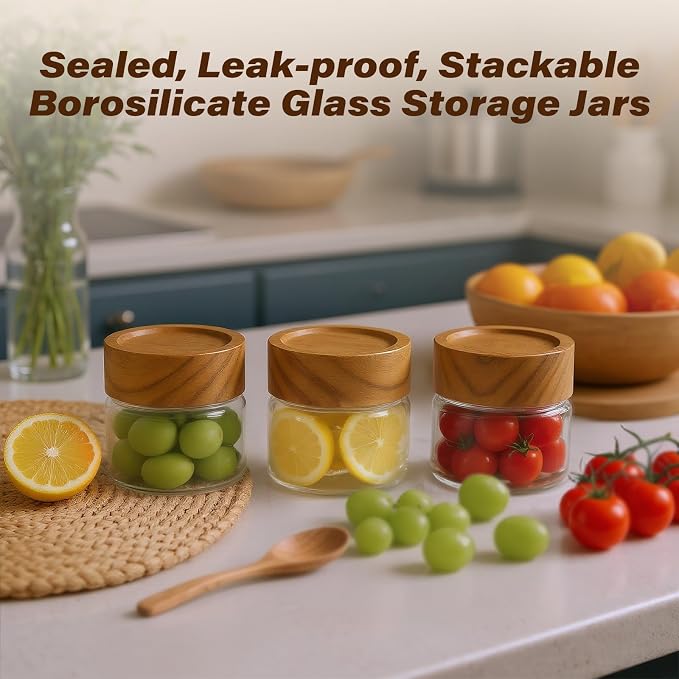 2-Pack 4 fl oz Leakproof Mason Jars with Acacia Wood Lids | Small Glass Food Storage Containers / Overnight Oats / Spices / Snacks / Kitchen Pantry Organization