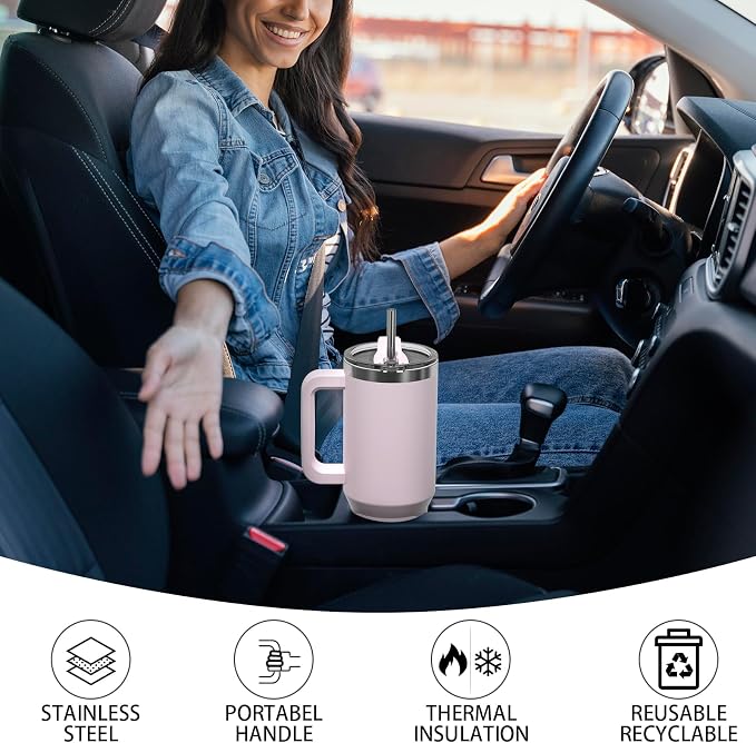 30 oz Tumbler with Handle,Tumbler with Lid and Straw,Double Wall Insulated Cup Stainless Steel Travel Mug(Cold for 34 Hours),Water Bottle for Iced Tea,Coffee,Cold Beverages(Rose Quartz)