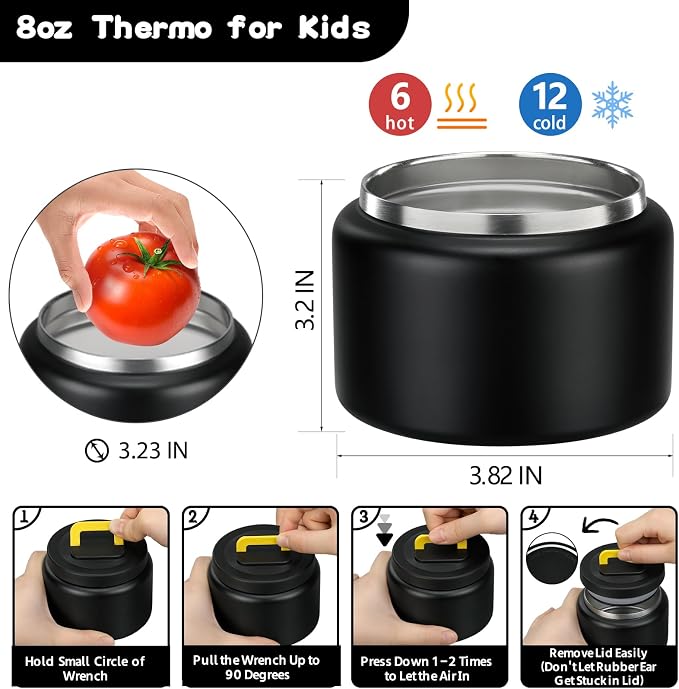 MAISON HUIS Bento Lunch Box with 8oz Soup Thermo and Insulated Lunch Bag, Kids Leakproof Lunch Food Containers with 5 Compartment, Boys Girls Thermo Hot Food Jar for Travel, School, BPA Free (Black)