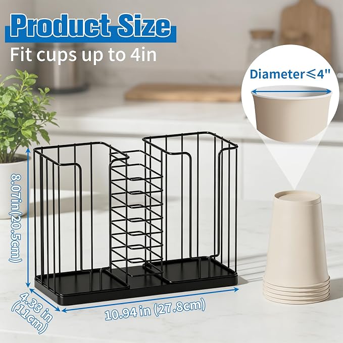 Coffee Cup and Lid Holder, All-Metal 3-Compartment Organizer Rack | 18oz Disposable Cup, Cup Lid and Straw Storage for Countertop, , Kitchen, Office Breakroom, Coffee Bar Accessories, Black