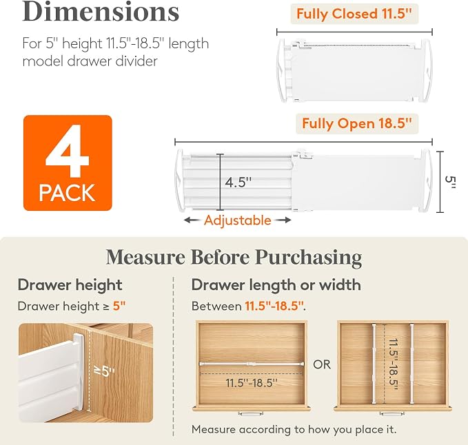 Lifewit 5" Tall Drawer Dividers, Adjustable Deep Drawer Organizer Clothes | 11.5"-18.5" Expandable Plastic Separators for Dresser, Kitchen, Cabinet, Nursery, Office, Socks & Underwear Storage, 4 Pack