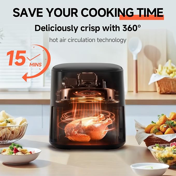 Qido Air Fryer, 5.28 QT Square Airfryer, 400°F Fast Heating Air Fryers Oven with One-Touch Presets, Auto-Off, Dishwasher-Safe Nonstick Basket, Multiple 8 in 1 Function, Black