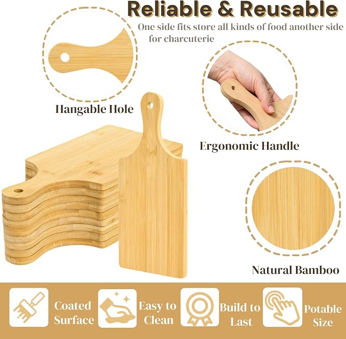 12 Pack Bamboo Cutting Board with Handle, 11" x 5" Individual Charcuterie Boards, Blank Laser Engraving Board, Bulk Food Platter, Mini Board for Kitchen, Home Decor, Housewarming Gift