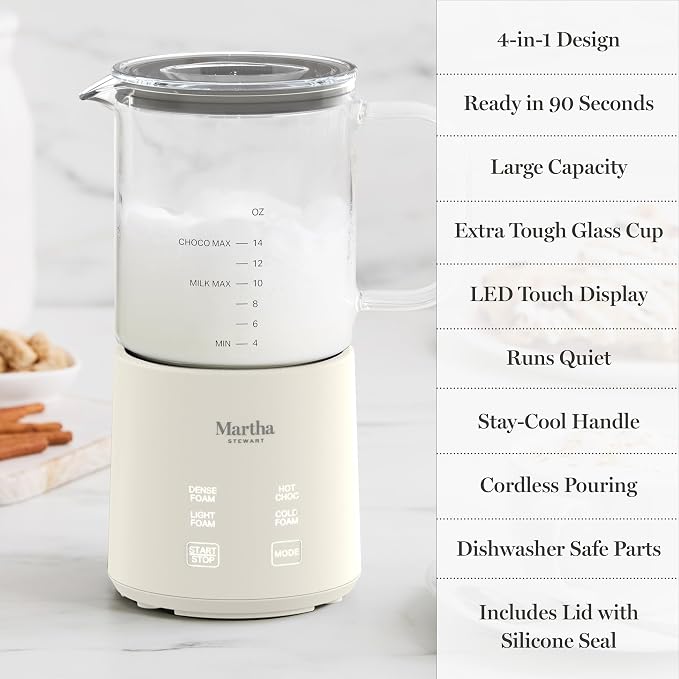 Martha Stewart 10oz Milk Frother & Steamer, 4 Presets, 300ml Glass Pitcher | Light, Dense, Cold Foam & Hot Chocolate, Ready in 90 Seconds, Cordless Pouring, Runs Quiet, Almond, Soy & Oat Milk, Linen