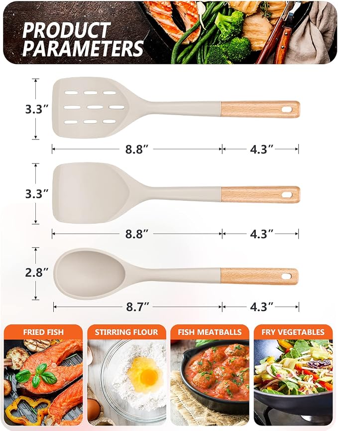 Pack of 3 Silicone Spatula, Non Stick Cooking Utensil Set, Khaki | Heat Resistant, Non Scratch, Wooden Handle Kitchen Turner for Baking Mixing Grilling Serving Food