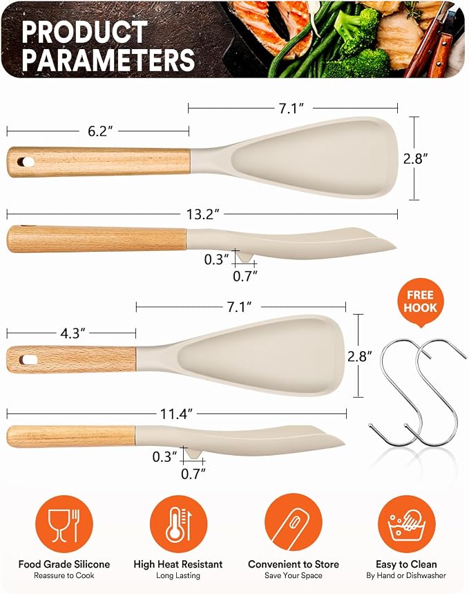 Multifunction Cooking Spoon for Nonstick Cookware,11.4"&13.4",Khaki | Great for Cooking and Serving, Sturdy BPA-Free Matte Silicone, Wood Handle spoonula for Mixing, Scoop, and Scrape