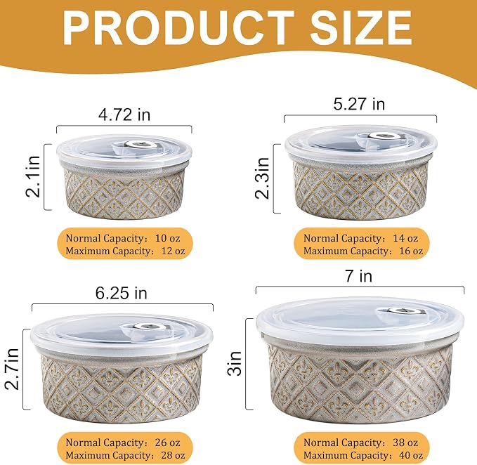 Ceramic Mixing Bowls with Lids Set of 4, Embossed Nesting Storage Bowls for Cooking, Serving, Salad, Popcorn etc, Microwave and Dishwasher Safe, Baking Dishes 12/16/28/40 oz (Gray)