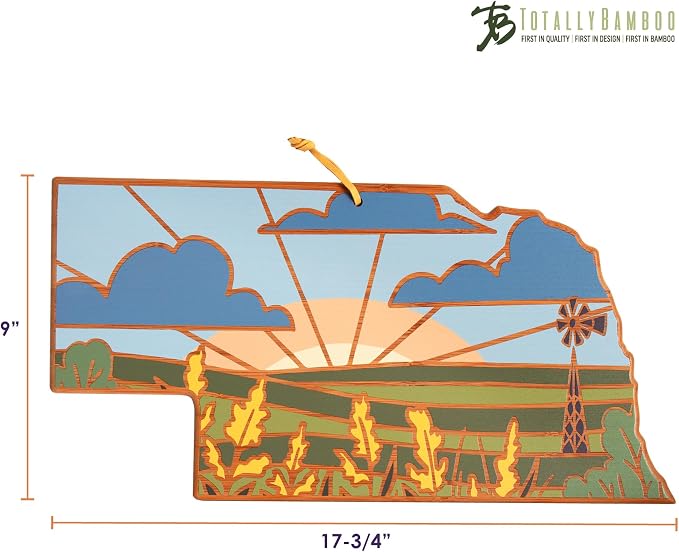 Totally Bamboo Nebraska State Shaped Cutting Board, Summer Stokes Art | State charcuterie board with colorful hand-drawn landscape art. Smooth reverse side for food prep. Hang tie for wall display.