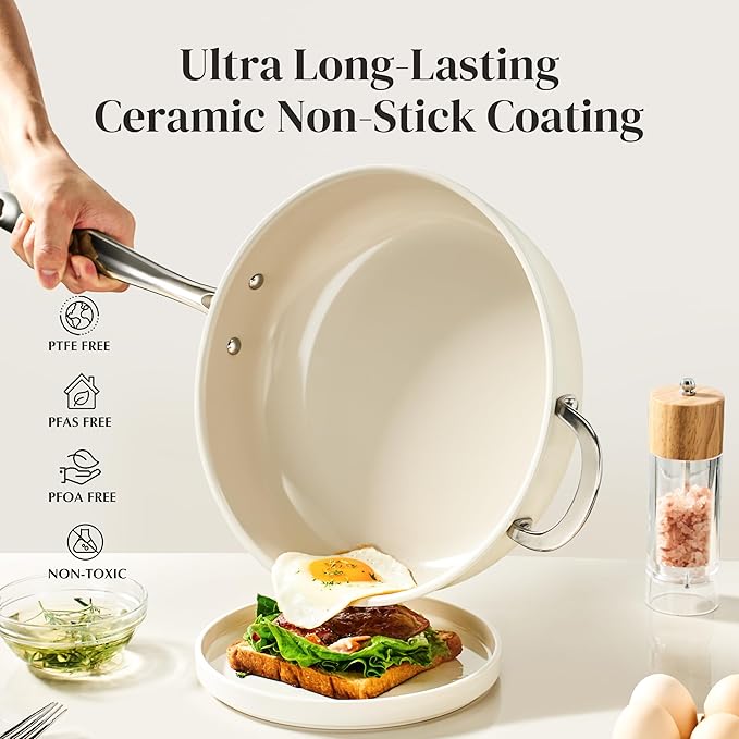 Redchef Ceramic Saute Pan with Lid, Nonstick Deep Frying Pan, 5QT Jumbo Cooker with Helper Handle & Lid, Non Toxic Ceramic Cooking Pan, Chef Pan, Dishwasher & Oven Safe, PFAS PFOA & PTFE Free