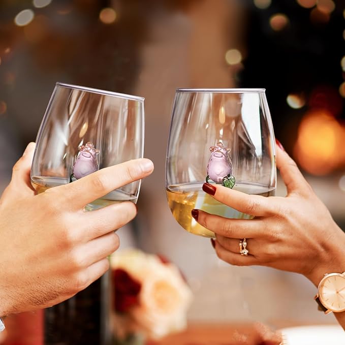 Pumtus Set of 2 Stemless Wine Glassware with Rose Inside, 20 OZ Large Stemless Floral Wine Glasses, Unique Short Wine Tumbler, Romantic Fancy No Stem Beverage Cup for Lover Gift, Wedding, Bar