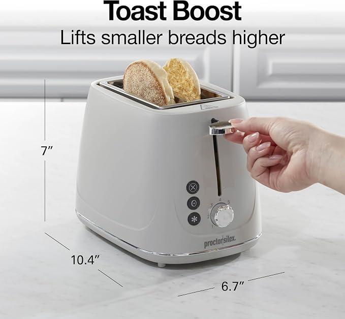 Proctor Silex 2 Slice Toaster With Bagel, Defrost & Cancel Buttons | Browning Control With 7 Shades | Auto Shutoff | Wide Slots | Toast Boost | Slide-Out Crumb Tray | Oat White | 22660